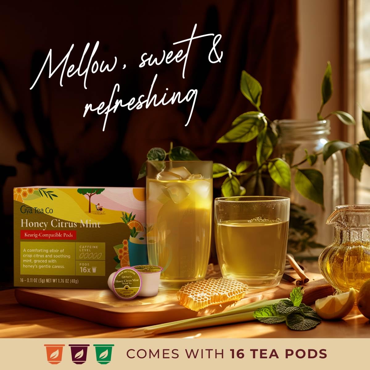 Gya Tea Co Honey Citrus Mint tea pod brewing in a cup hot and soothing.