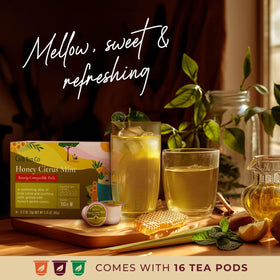 Gya Tea Co Honey Citrus Mint tea pod brewing in a cup hot and soothing.