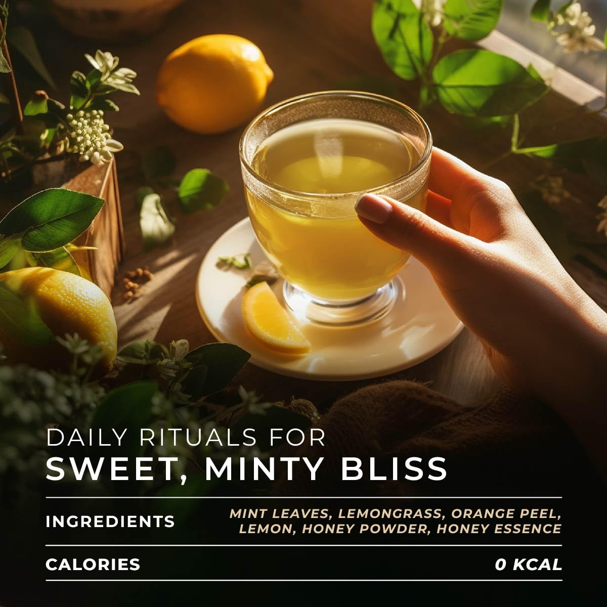 Gya Tea Co Honey Citrus Mint tea pod label highlights caffeine-free option for evenings.