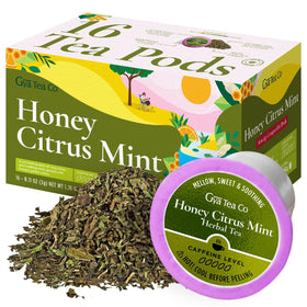 Gya Tea Co Honey Citrus Mint tea pod packaging showing premium ingredients for a relaxing routine.