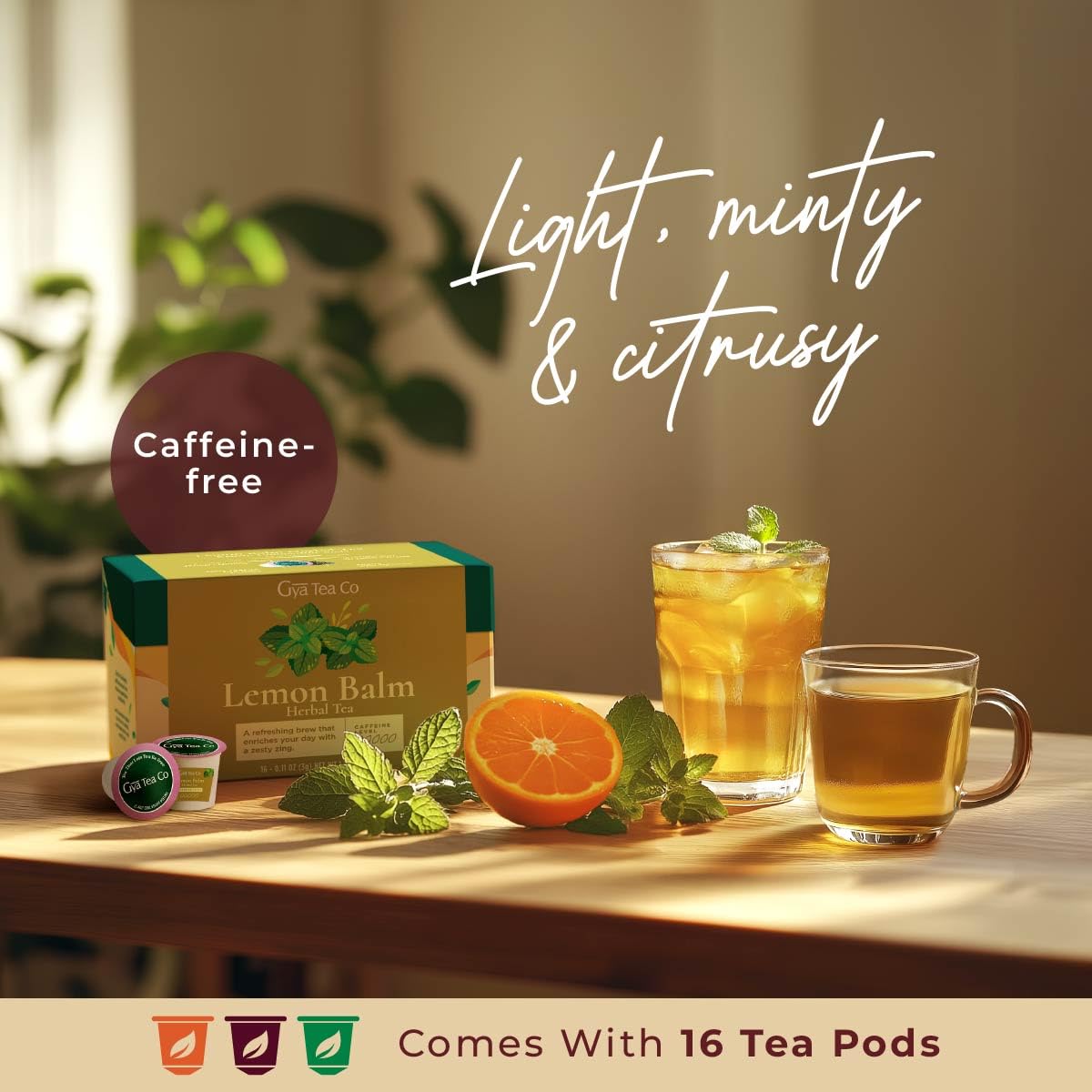 Serving in a cup with steam from Gya Tea Co pod suggests relaxing caffeine-free enjoyment