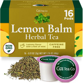 Gya Tea Co lemon balm pod packaging emphasizes pure ingredients for a soothing tea ritual