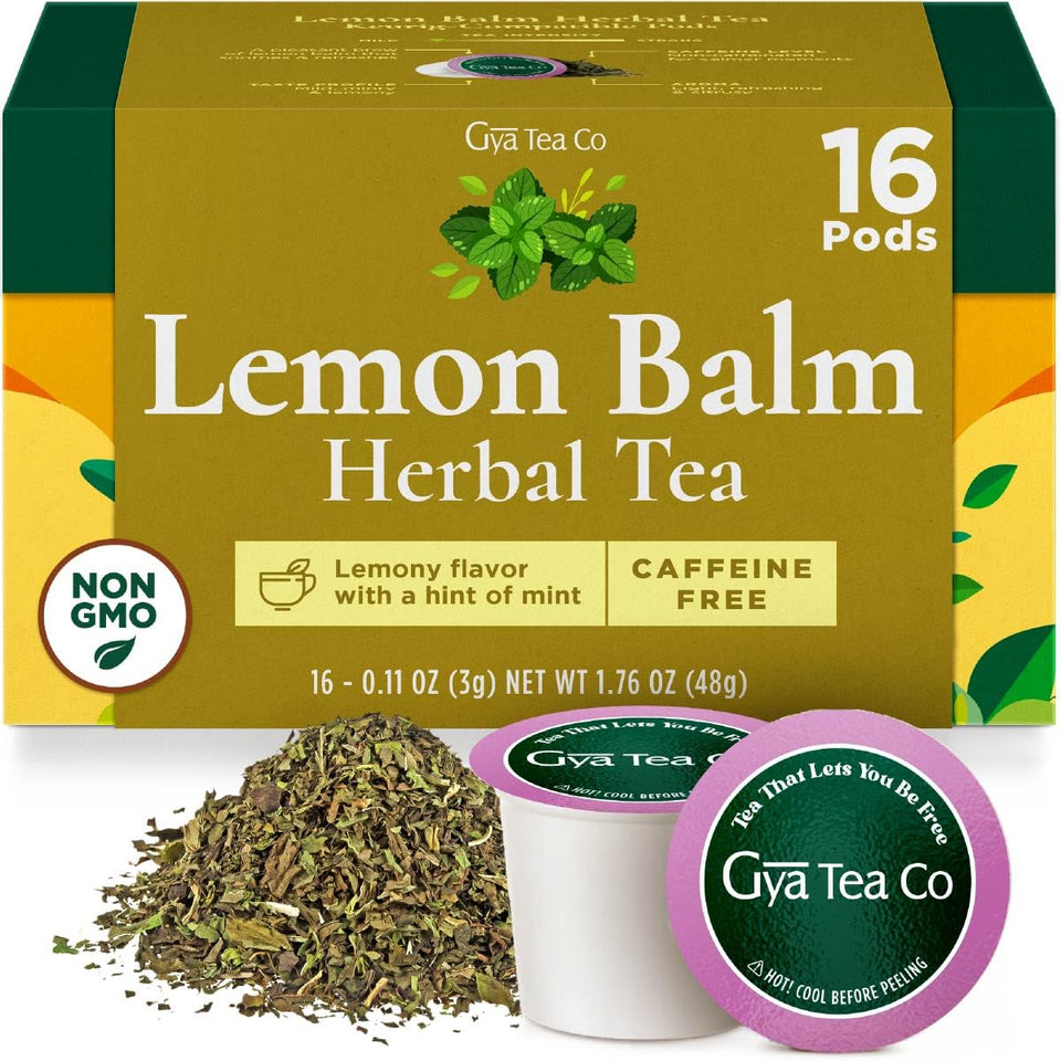 Gya Tea Co lemon balm pod packaging emphasizes pure ingredients for a soothing tea ritual