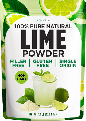 Gya Tea Co Lime Powder jar label shows fresh citrus flavor for easy kitchen prep.