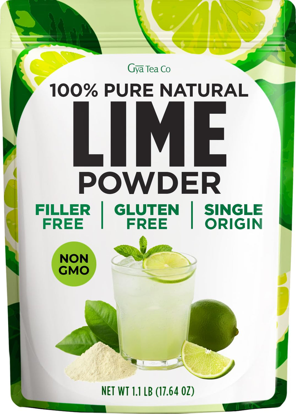 Gya Tea Co Lime Powder jar label shows fresh citrus flavor for easy kitchen prep.