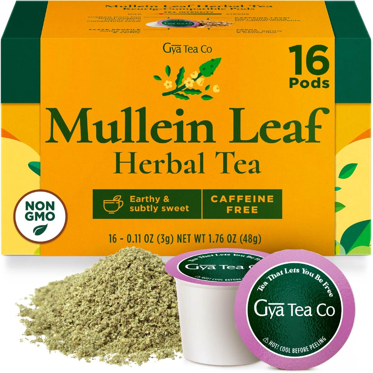 Gya Tea Co mullein leaf tea pod 16-count pack, convenient caffeine-free enjoyment.