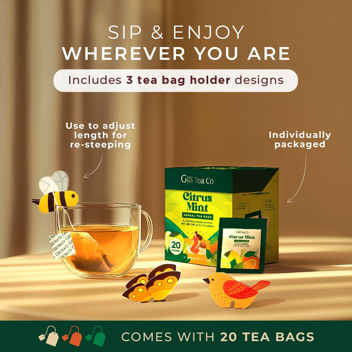 Gya Tea Co orange peel peppermint lemongrass blend delivers a zesty, soothing cup.