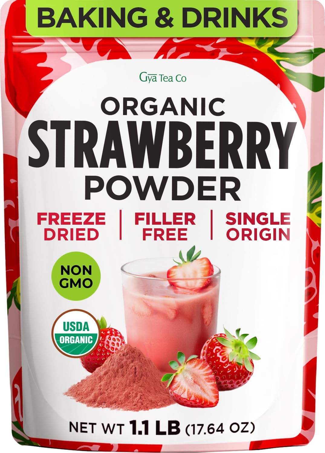 Gya Tea Co organic freeze dried strawberry powder bulk pouch ready for baking and smoothies.