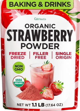 Gya Tea Co organic freeze dried strawberry powder bulk pouch ready for baking and smoothies.