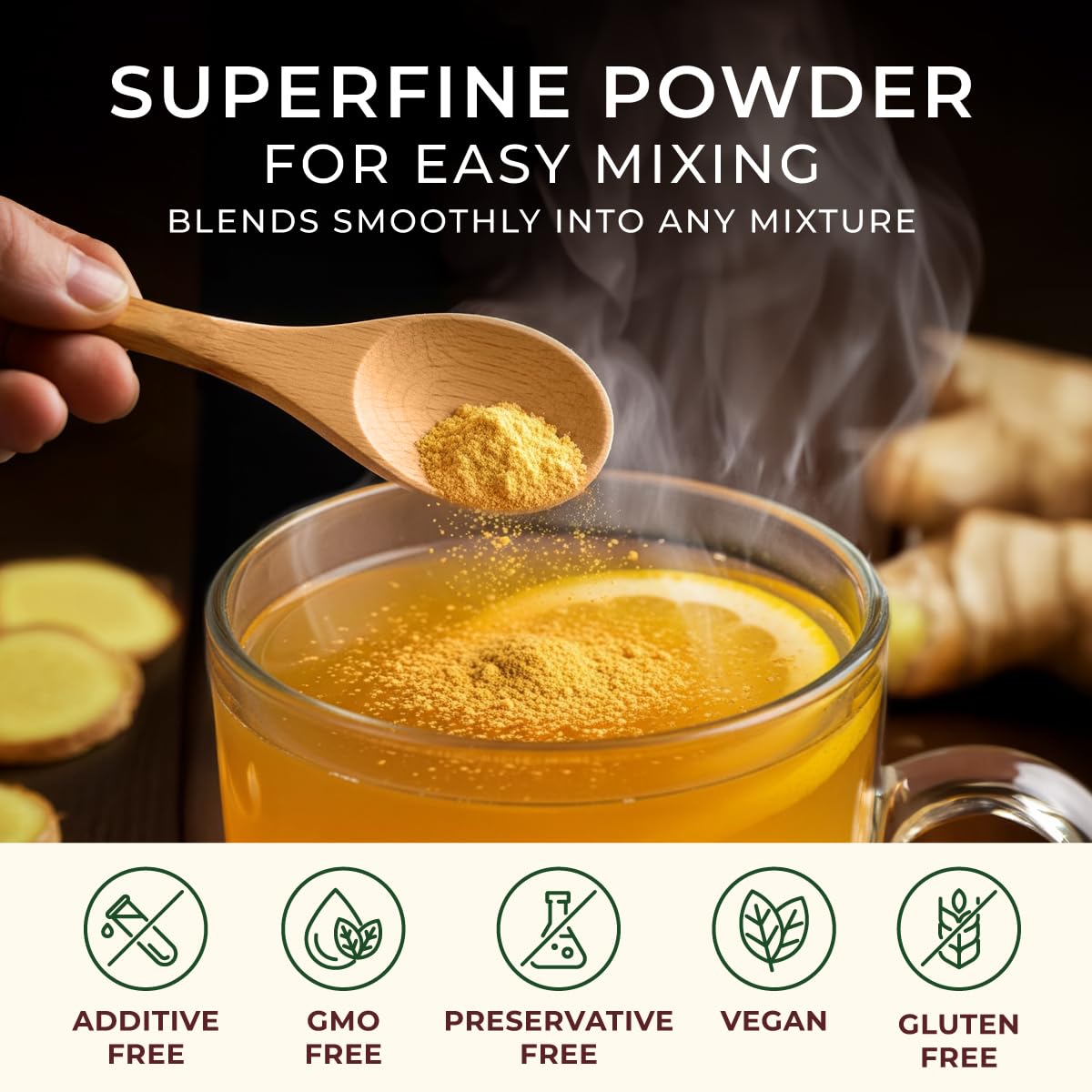 Gya Tea Co Organic Ginger Powder infused in tea for warm flavor.