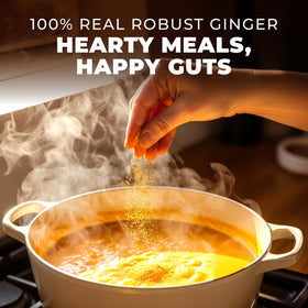 Gya Tea Co Organic Ginger Powder texture closeup highlights bright aroma.