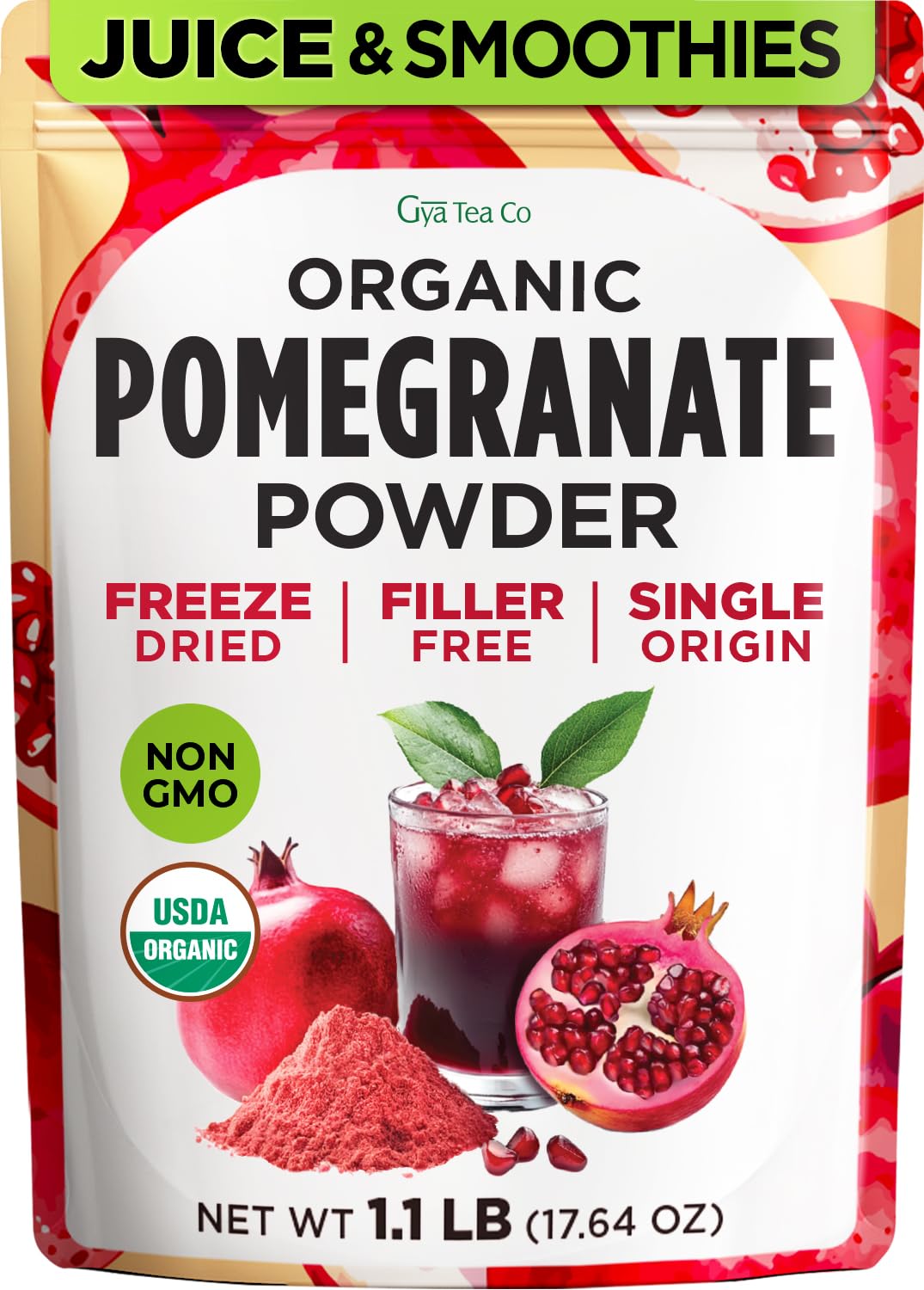 Gya Tea Co Organic Pomegranate Powder bottle shows antioxidant-rich powder for smoothies.