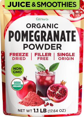 Gya Tea Co Organic Pomegranate Powder bottle shows antioxidant-rich powder for smoothies.