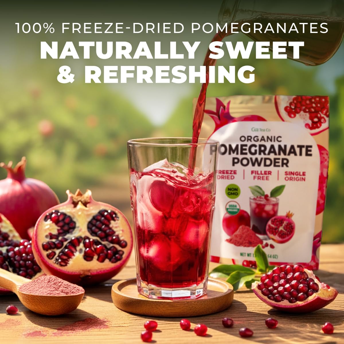 Gya Tea Co Organic Pomegranate Powder jar ready for baking and desserts.