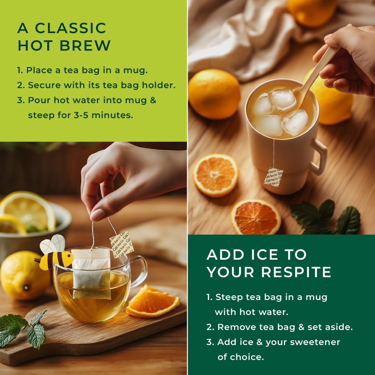 Gya Tea Co refreshing citrus-mint aroma invites a revitalizing break.
