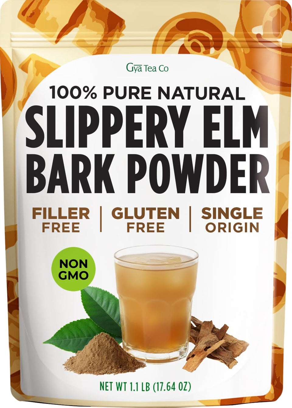 Gya Tea Co Slippery Elm Bark Powder packaging on display, showcasing a vegan, pet-friendly formula.