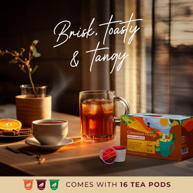 Steaming cup of Gya Tea Co Cinnamon Orange Black Tea Pod for a bold afternoon lift.