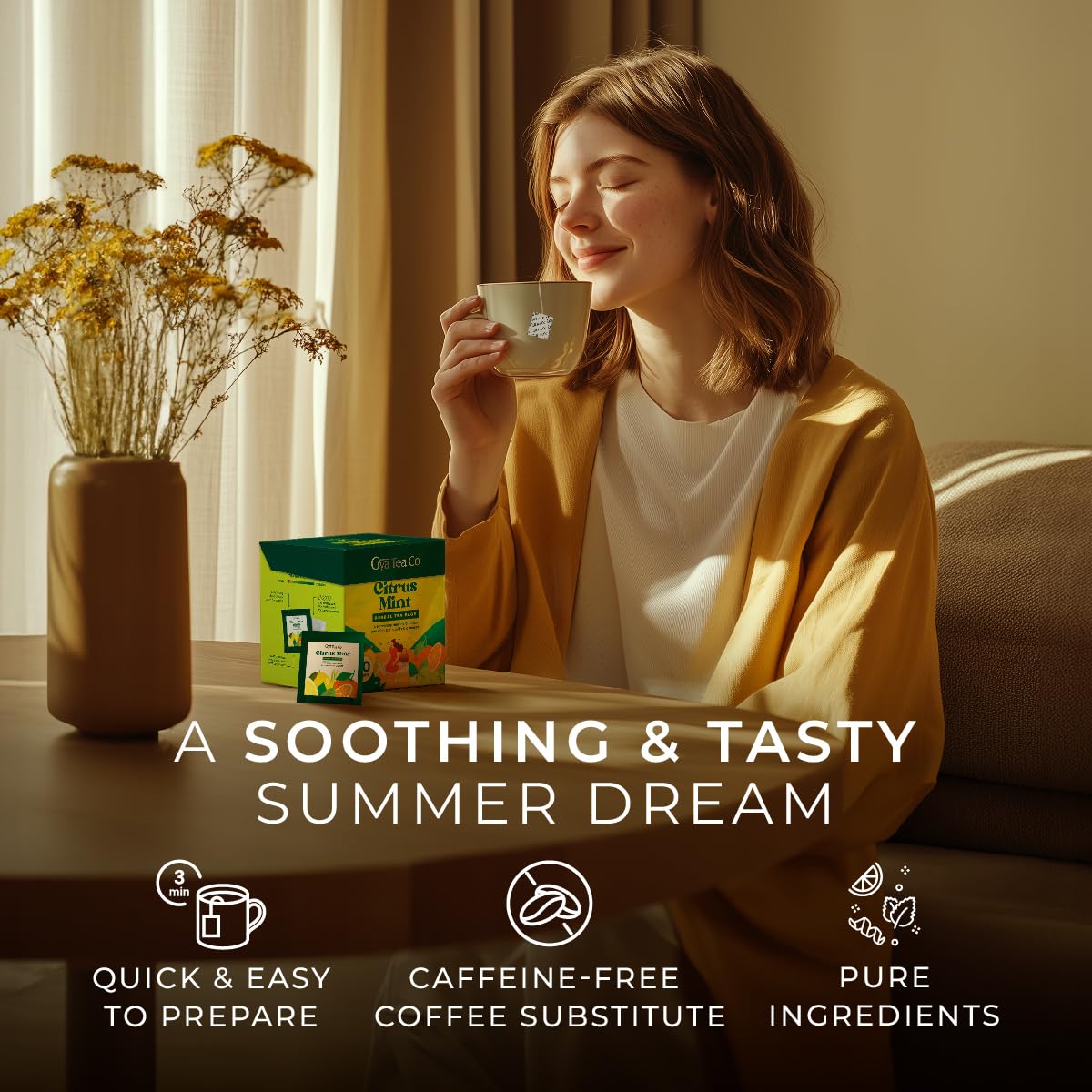 Gya Tea Co steeping cup image highlights easy, relaxing tea moments.