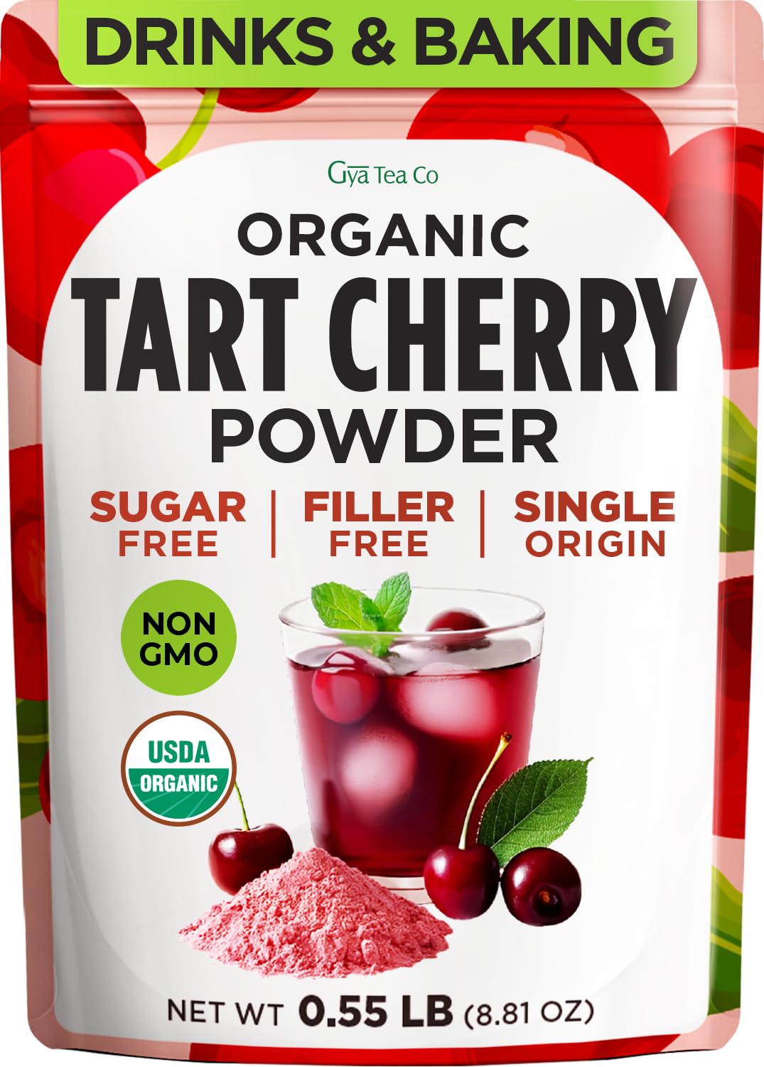 Gya Tea Co Tart Cherry Powder in a glass jar with deep red color and aroma
