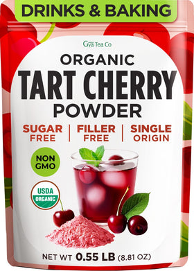 Gya Tea Co Tart Cherry Powder in a glass jar with deep red color and aroma