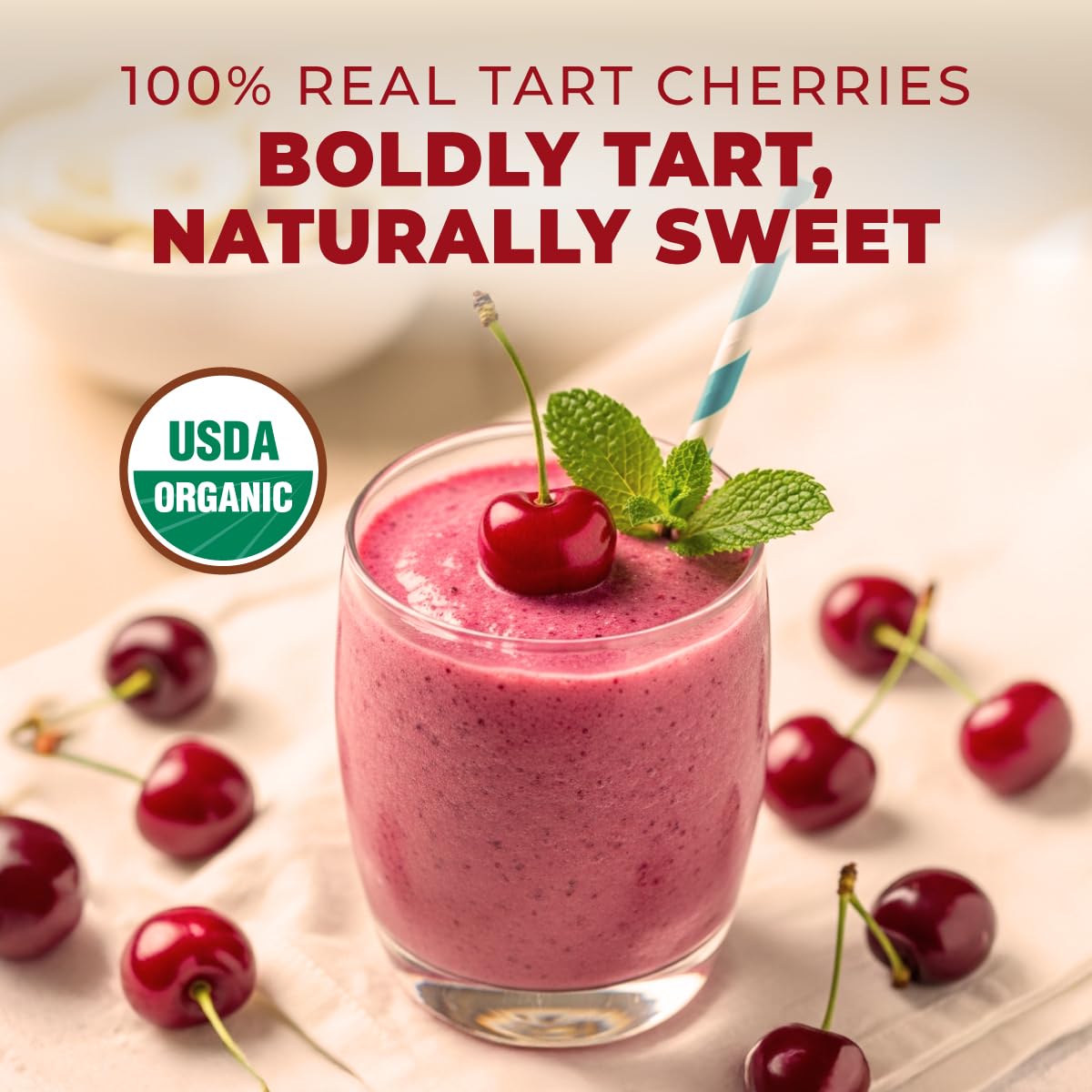 Tart cherry powder added to a smoothie for flavor and vibrancy