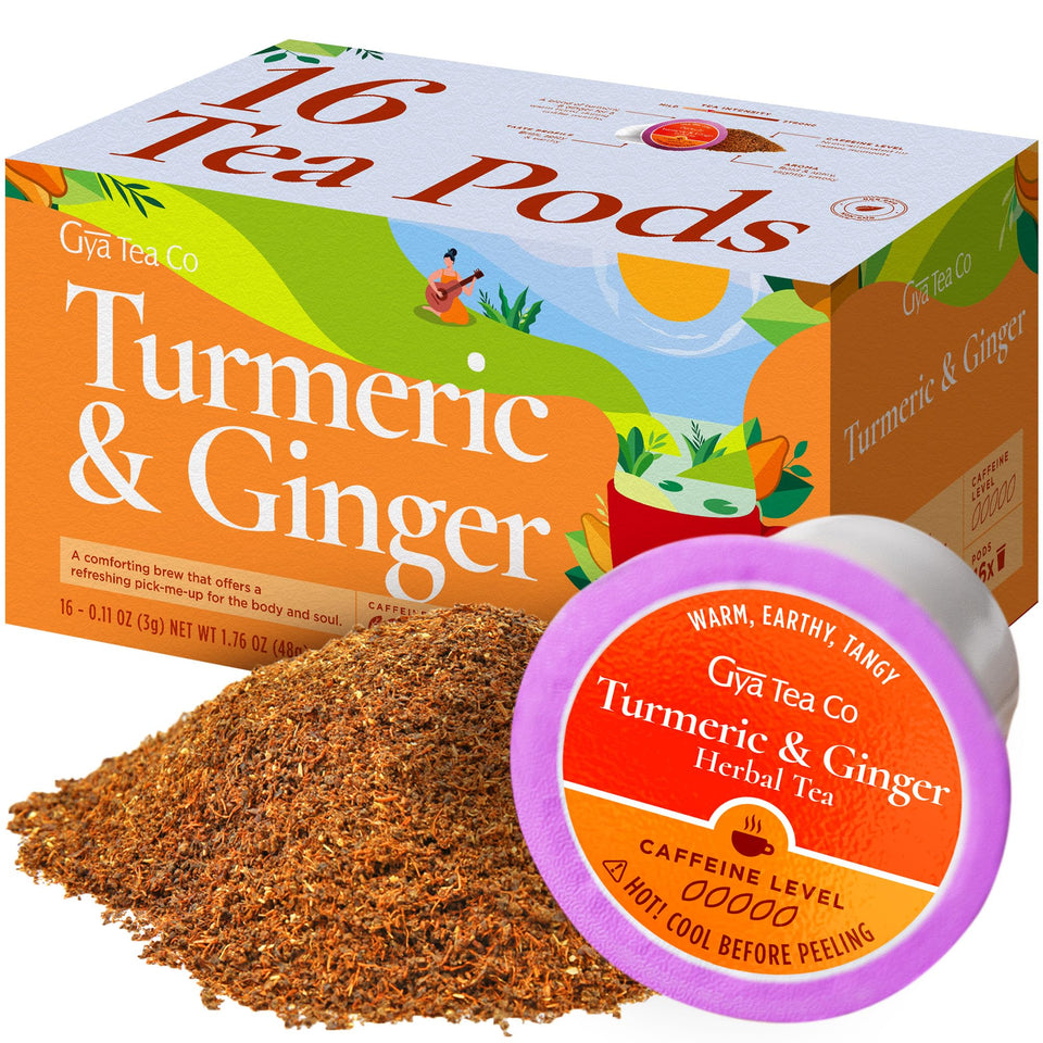 Gya Tea Co turmeric ginger herbal tea pod pack with bright aroma