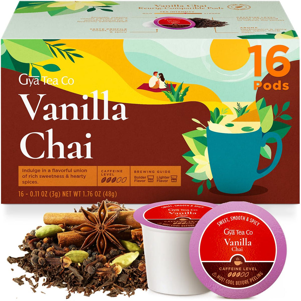 Gya Tea Co Vanilla Chai pod packaging promotes a premium 16-count box for busy mornings