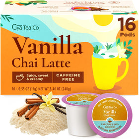 Gya Tea Co vanilla chai latte pod brew close-up showcasing convenient, ready-to-use flavor.
