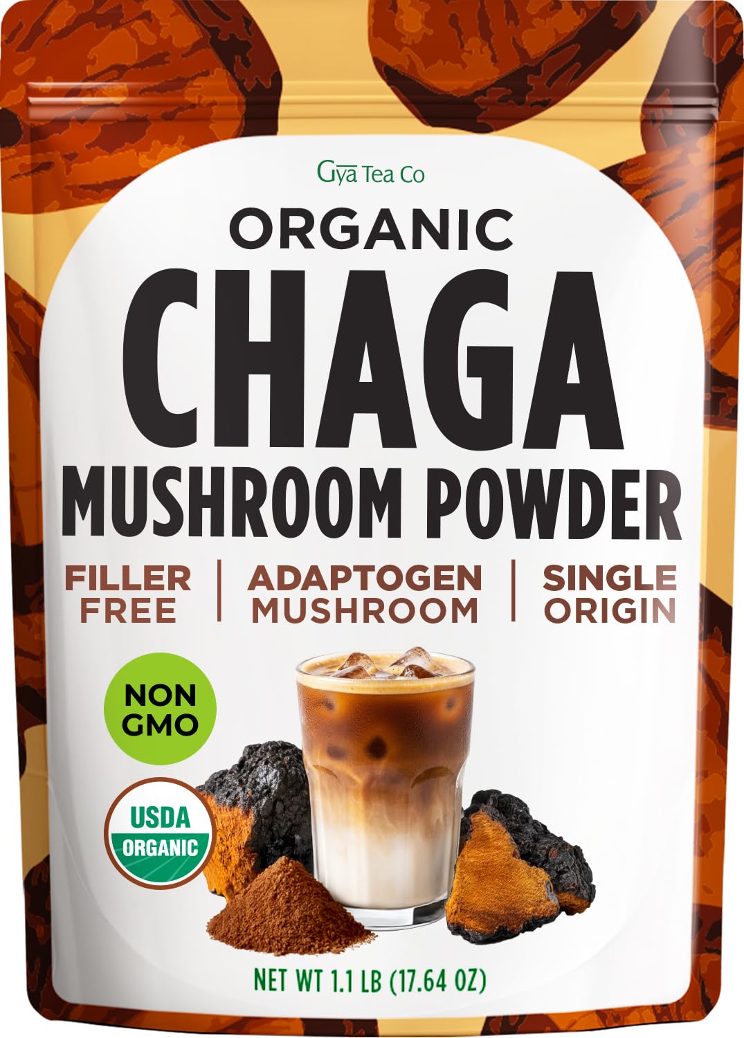 Gya Tea Co Organic Chaga Powder bulk pack close-up shows earthy powder ideal for tea.
