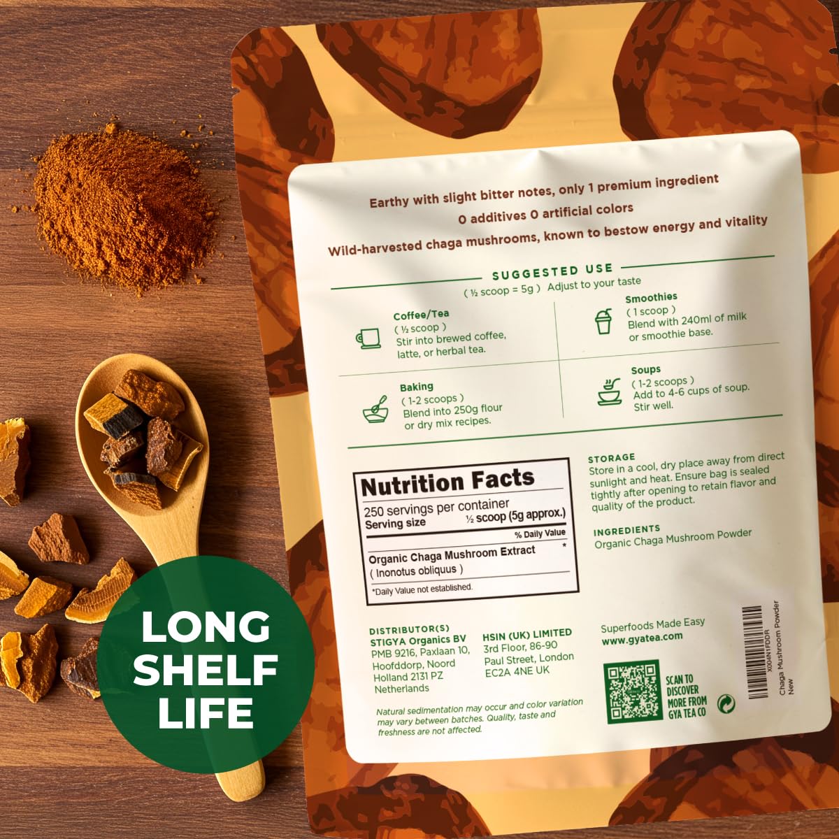 Gya Tea Co Chaga Powder in a cup demonstrates caffeine-free infusion option.