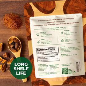 Gya Tea Co Chaga Powder in a cup demonstrates caffeine-free infusion option.