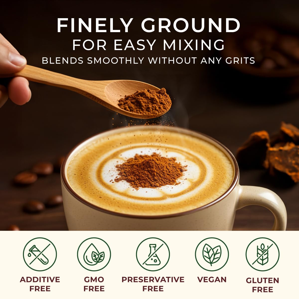 Gya Tea Co Chaga Powder over smoothie illustrates versatile use in beverages.