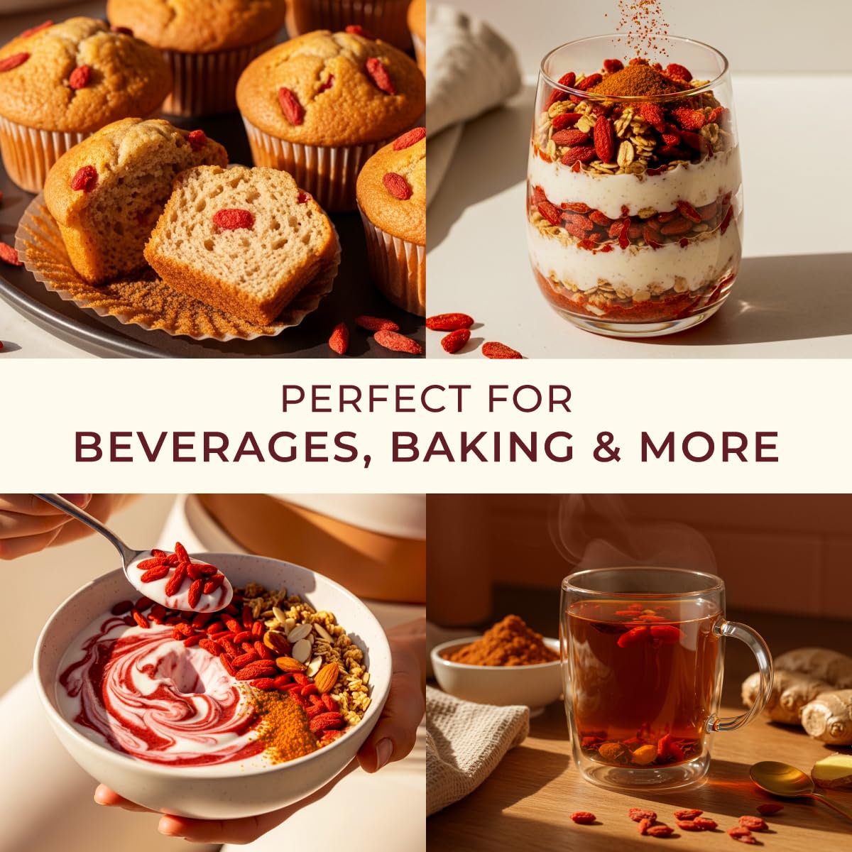 Gya Tea Co Goji Powder in muffin batter for color and nutrition.