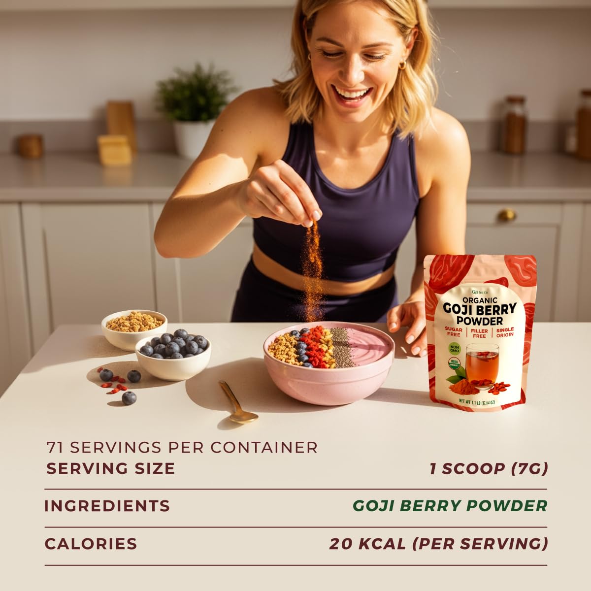 Gya Tea Co Goji Powder organic label closeup, additive-free quality.