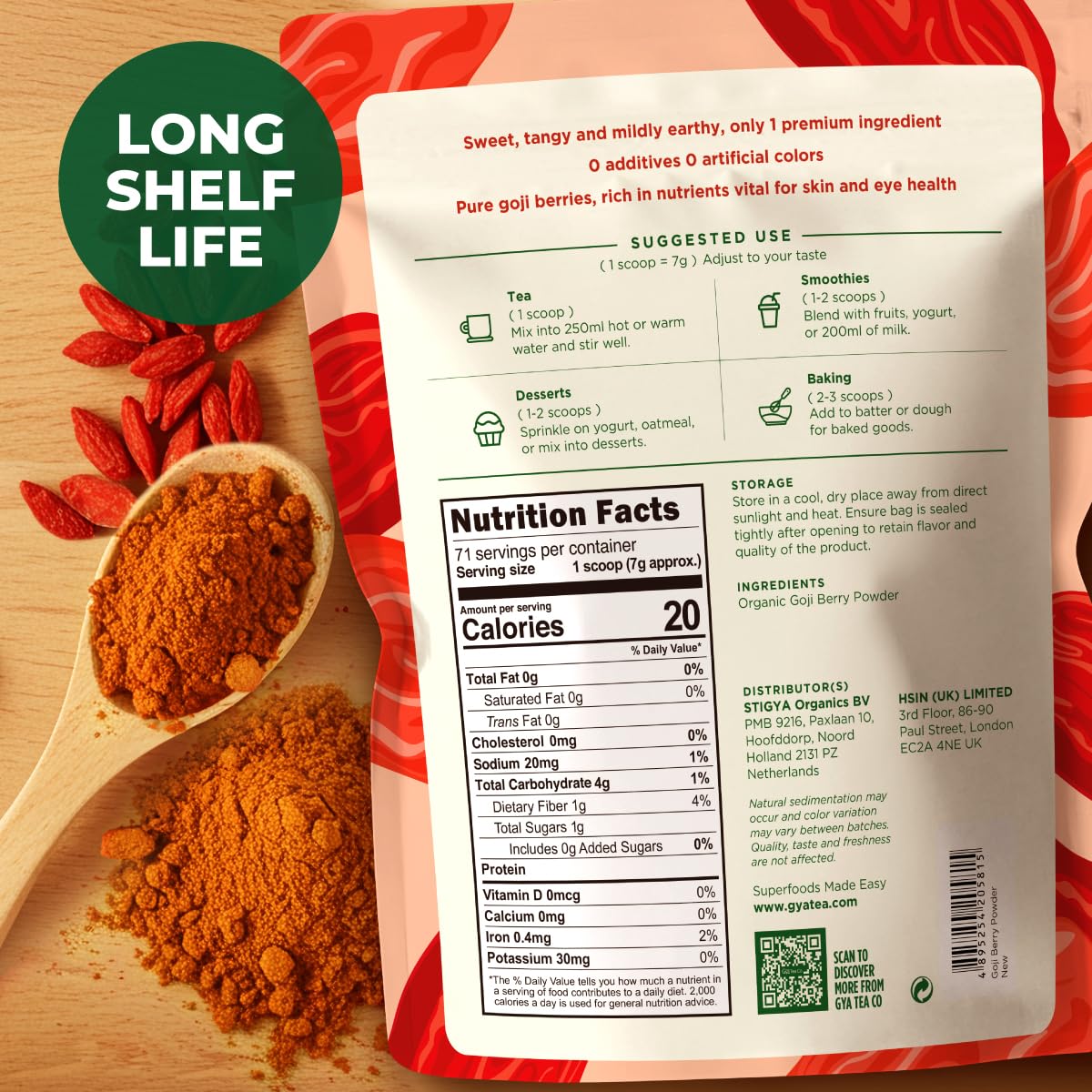 Gya Tea Co Goji Powder with scoop and bowl for easy recipe mixing.