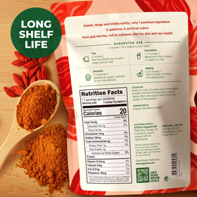 Gya Tea Co Goji Powder with scoop and bowl for easy recipe mixing.
