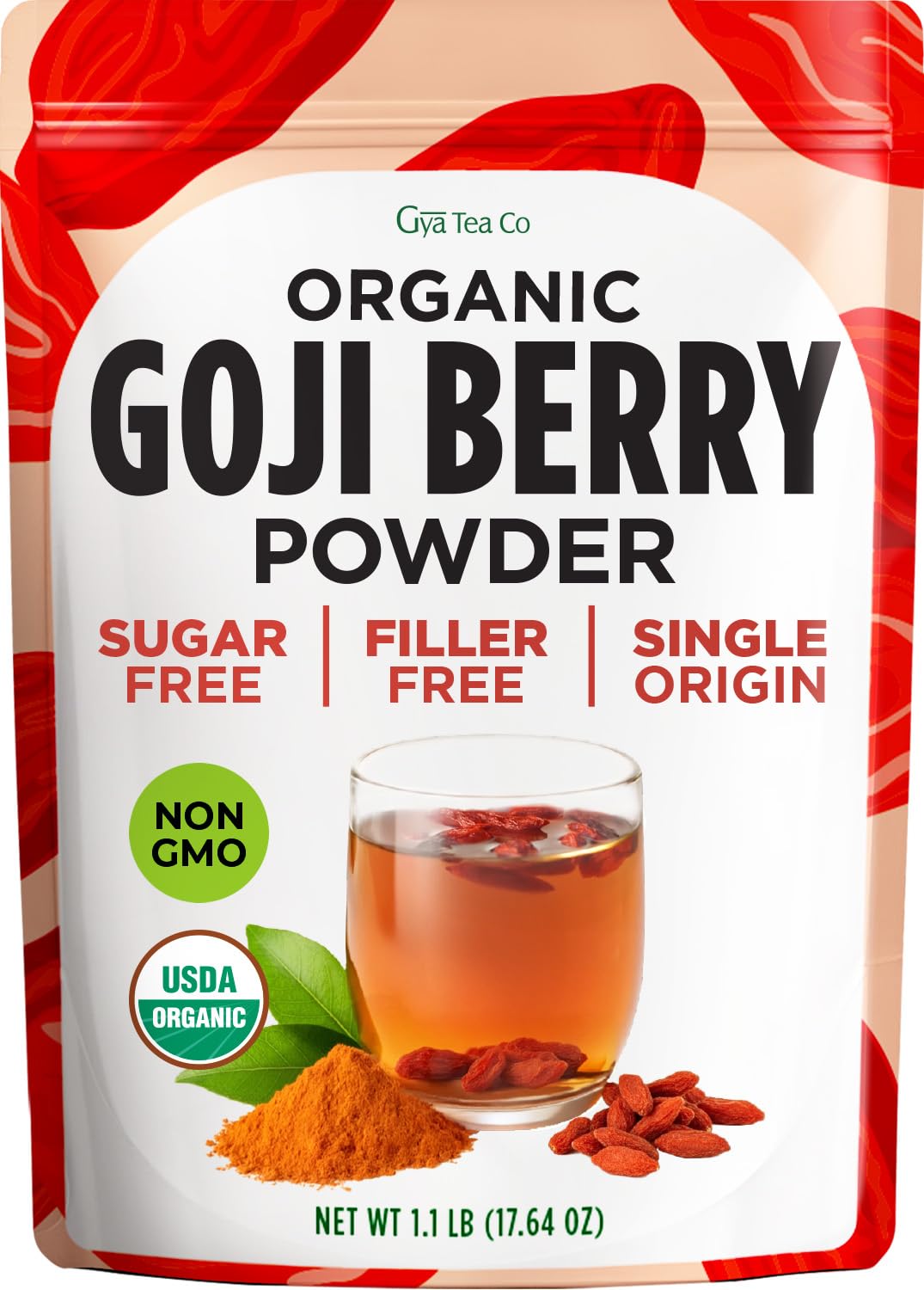 Gya Tea Co Goji Powder tin on the counter, ideal for quick smoothies.