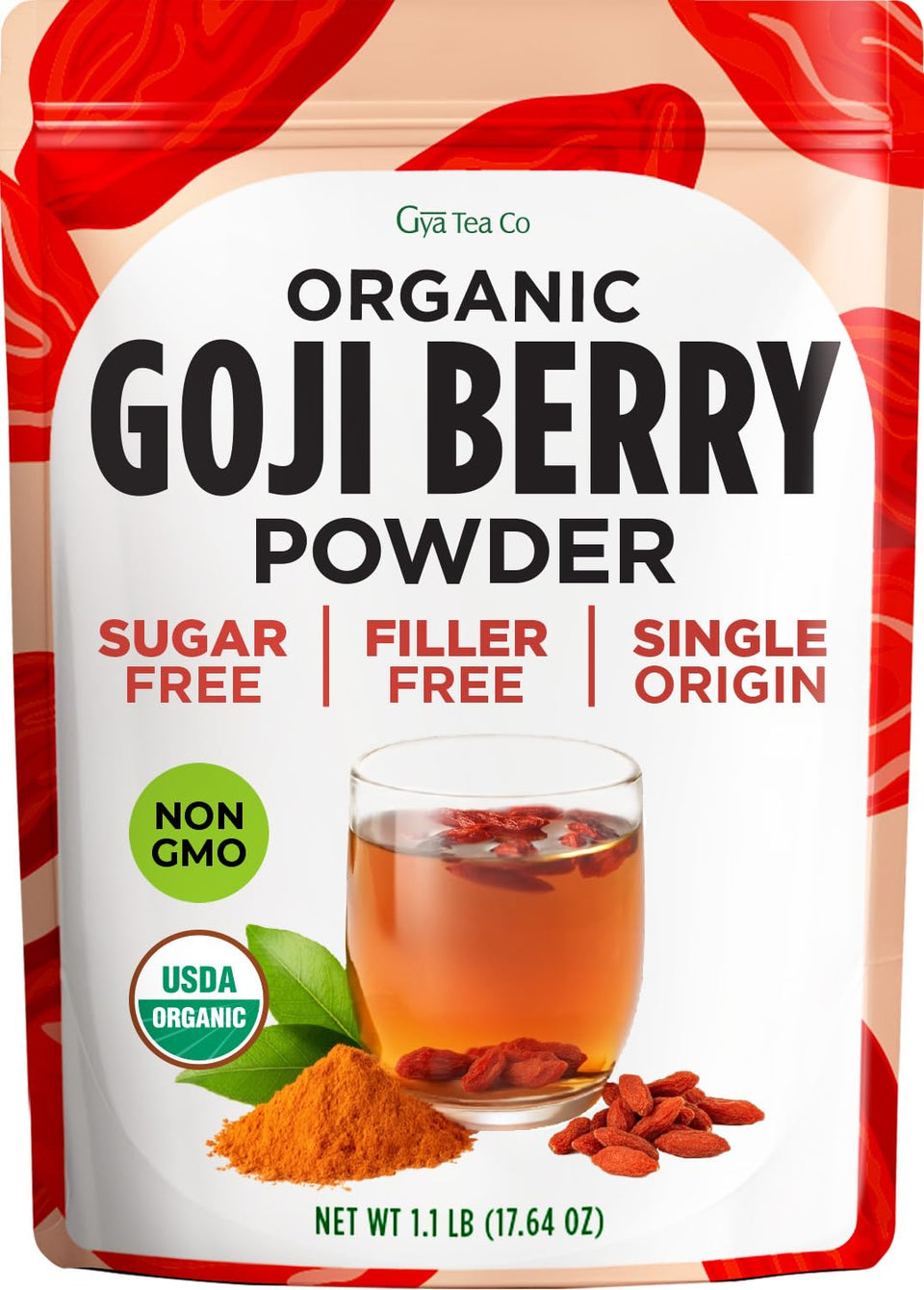 Gya Tea Co Goji Powder tin on the counter, ideal for quick smoothies.