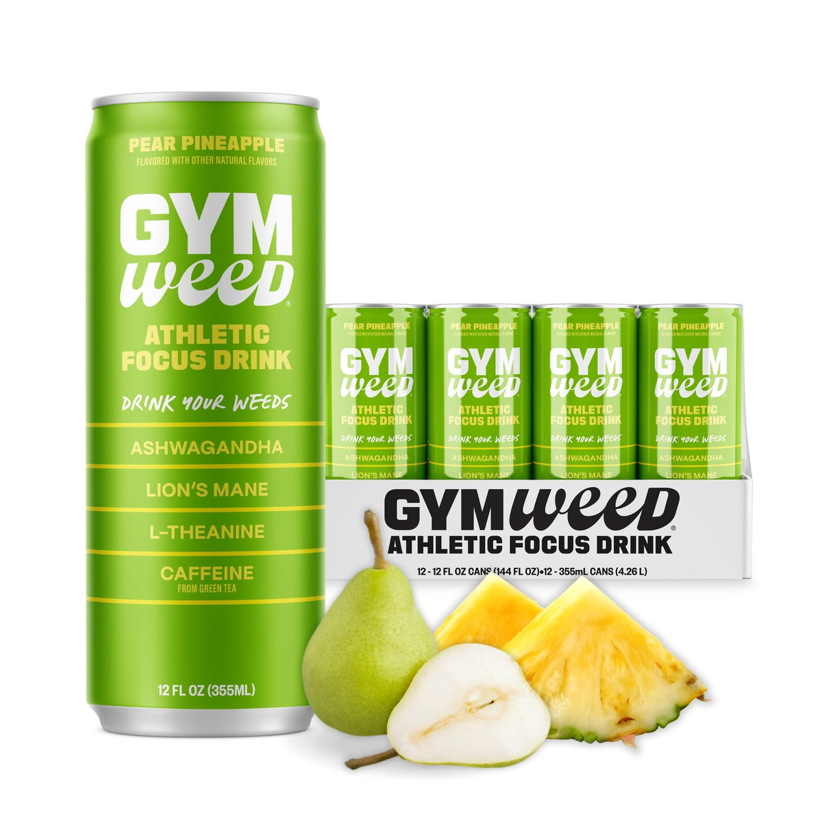 Gym Weed athletic focus drink bottle shows crisp pear pineapple flavor boosting alertness
