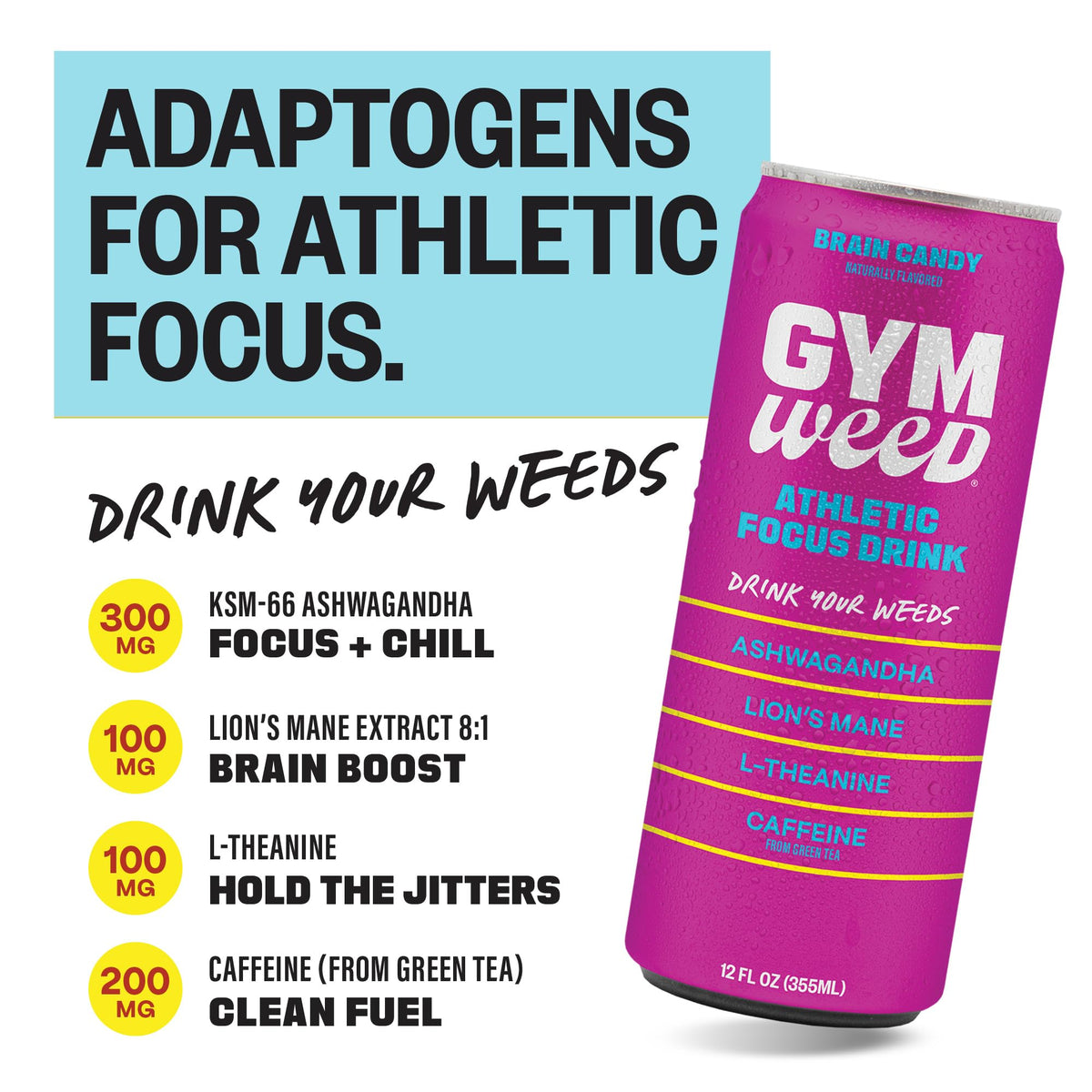 GYM WEED pouring into glass shows quick pre-workout fuel