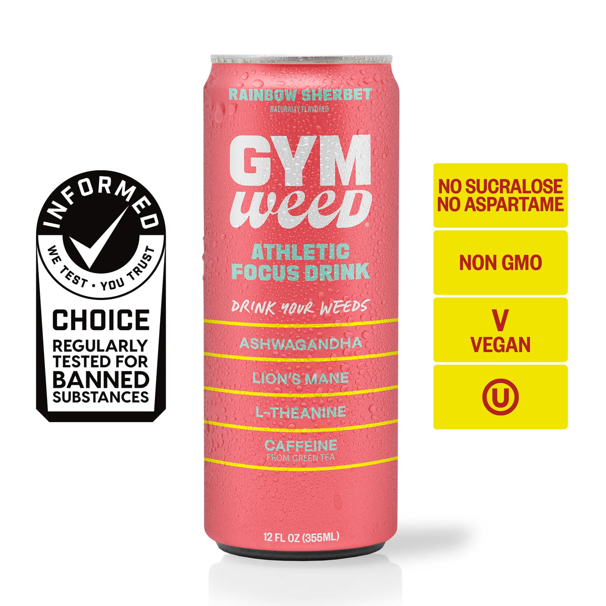 GYM WEED Rainbow Sherbet flavor scoop and bottle on table.