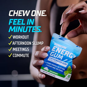 GYMGUM Energy Gum 50mg caffeine highlights strong yet smooth energy.