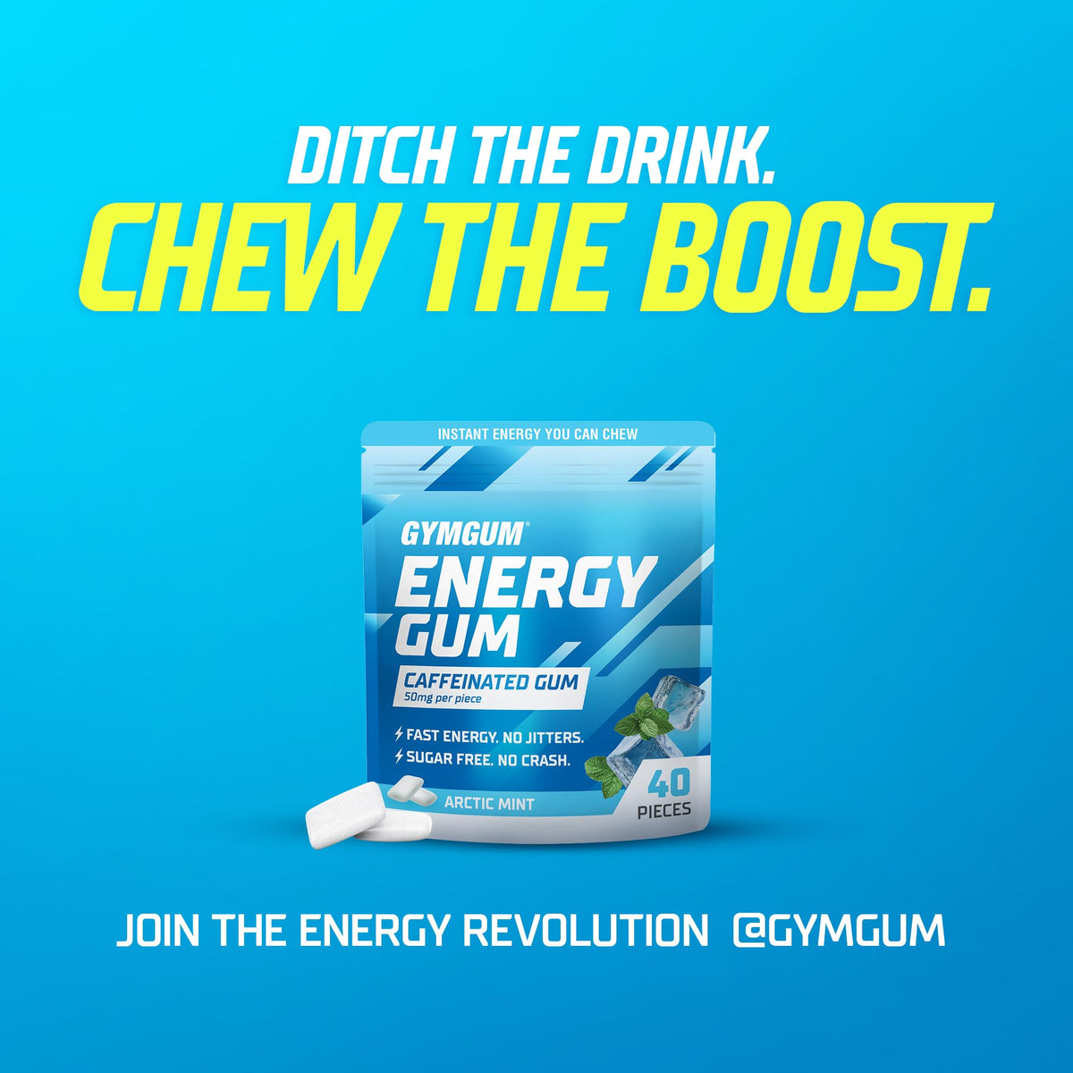 GYMGUM Energy Gum Arctic Mint dispense illustrates refreshing on-the-go energy.
