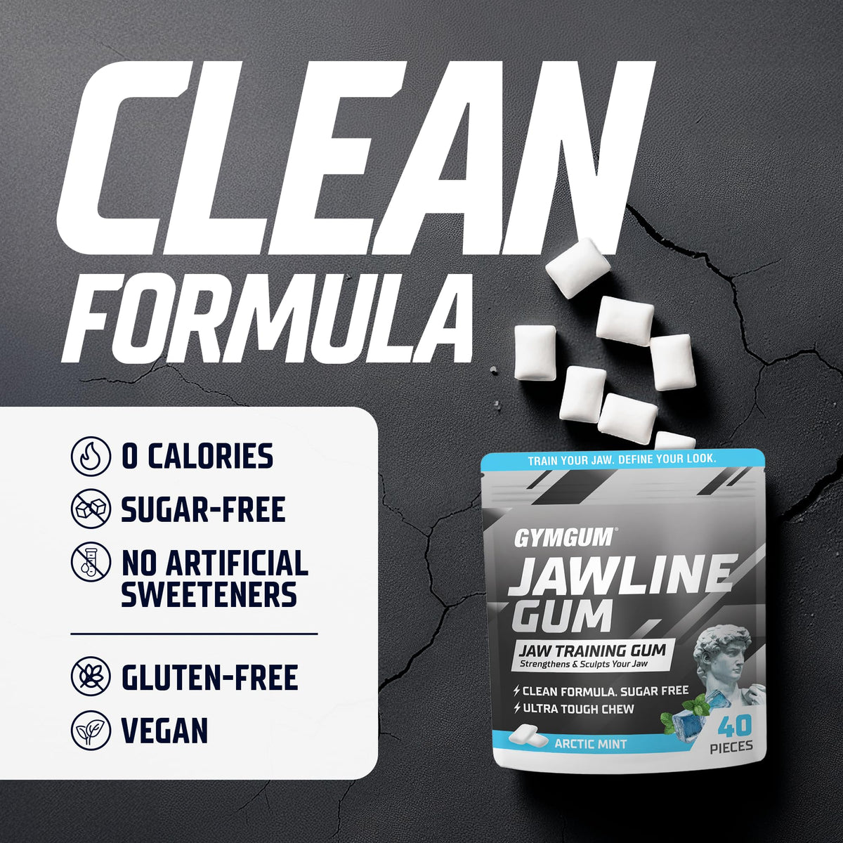 Keto-friendly icon beside gum packaging appealing to carb-conscious trainees.