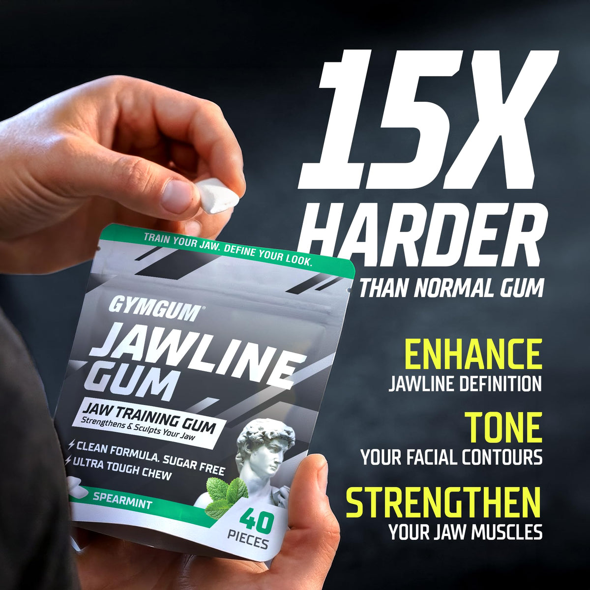 Close-up of a strong chew from GYMGUM Jawline Gum for jaw engagement.