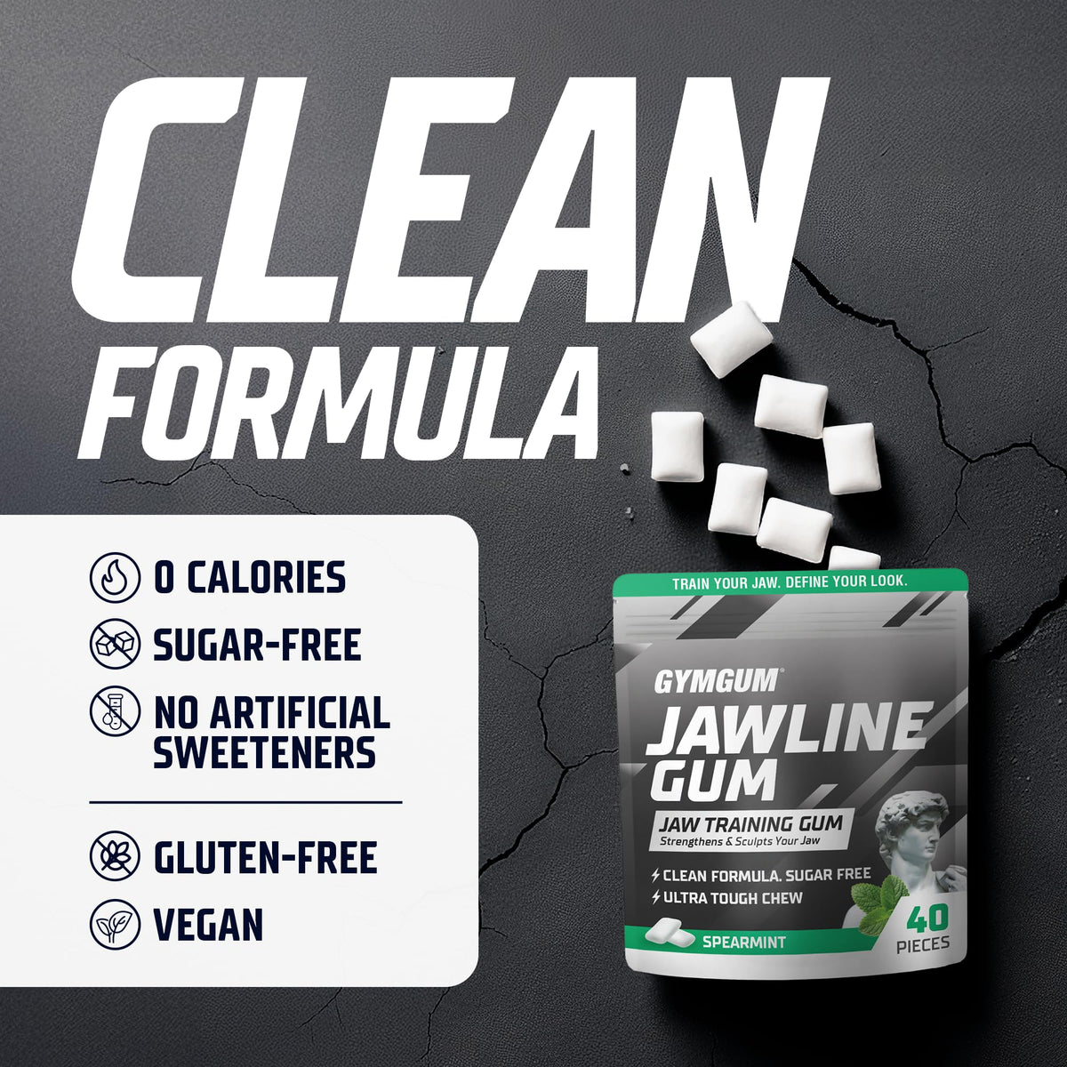 GYMGUM vegan and gluten-free icons on the front packaging.