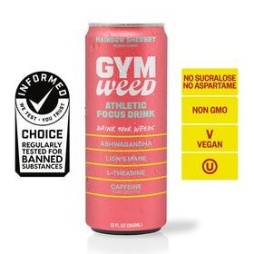 GYM WEED Orange Guava flavor can with tropical backdrop.