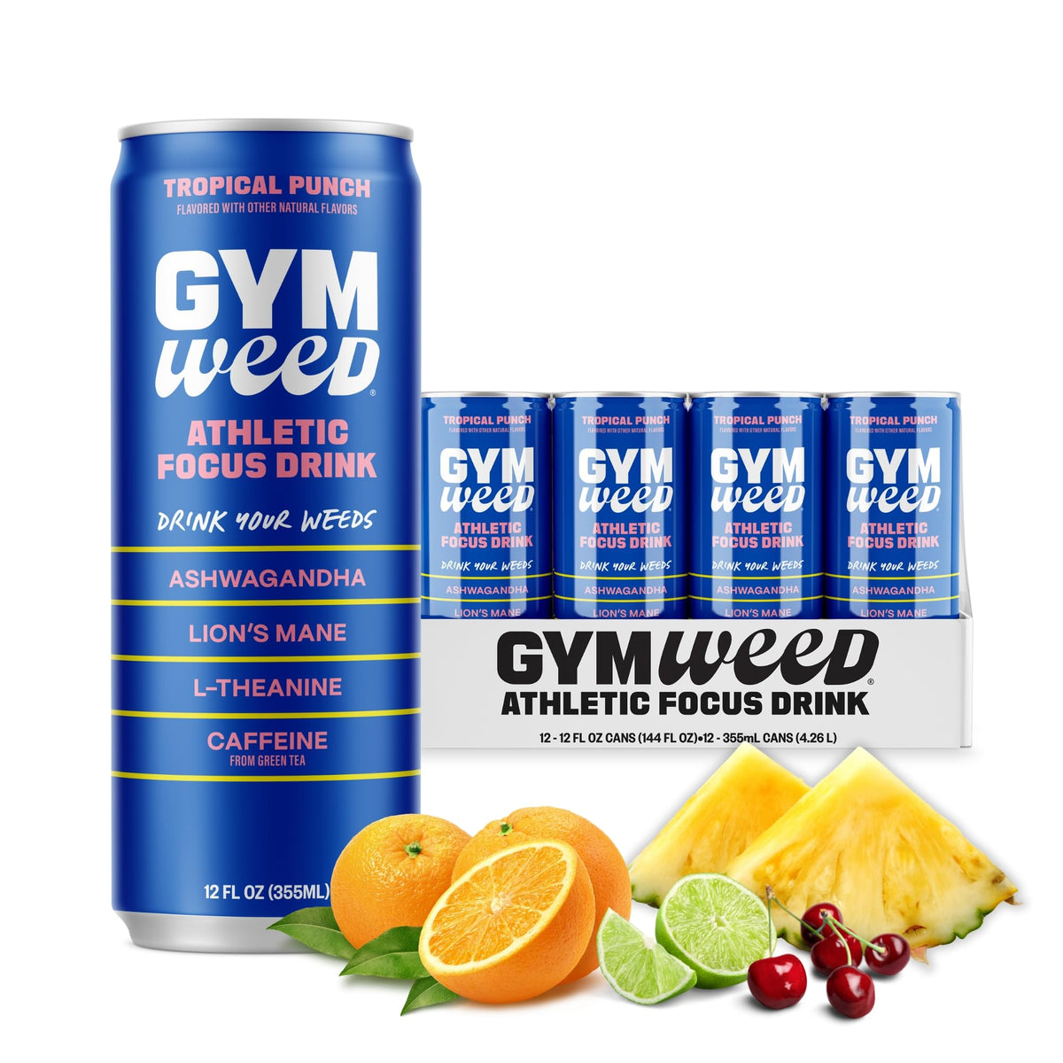 GYM WEED Tropical Punch bottle front with vibrant label for pre-workout energy.