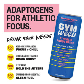 GYM WEED Tropical Punch can being poured into a glass.