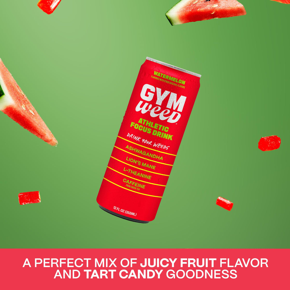 Gym Weed watermelon flavor graphic label emphasizing refreshing hydration during activity